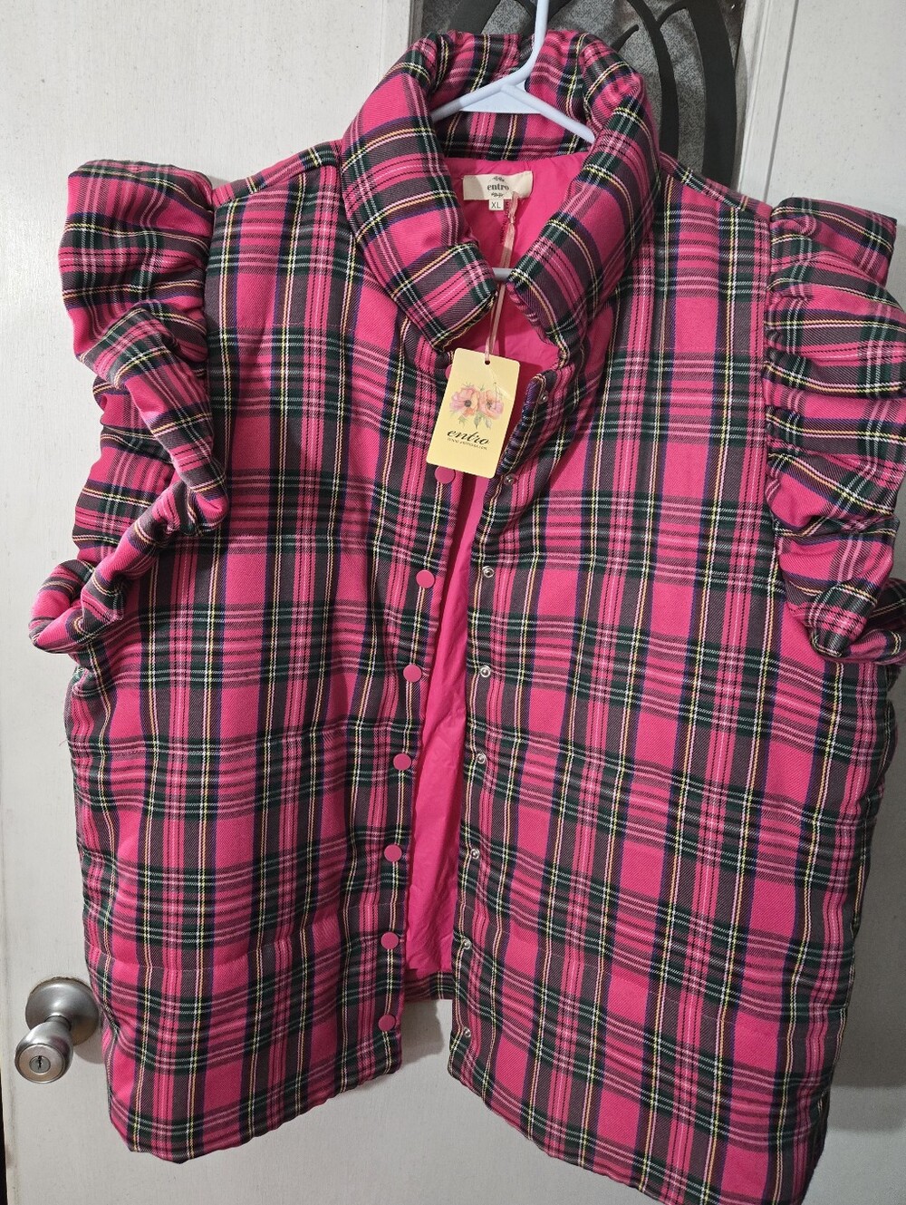 Entro Pink Plaid Puffer Vest with Ruffle Sleeves NWT